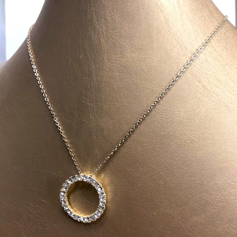 Silver tone metal hardware circle crystal necklace